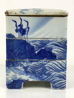 Antique C1900 Japanese Porcelain Lidded 3-Tier Bento Box Jubako Cranes Pine Y507
