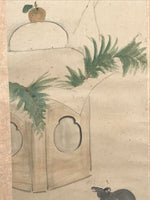 Antique Japanese Hanging Scroll Kakejiku New Year Kagamimochi Mouse Color KJ187