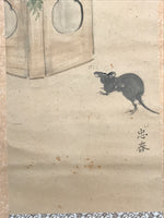 Antique Japanese Hanging Scroll Kakejiku New Year Kagamimochi Mouse Color KJ187
