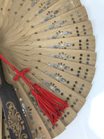 Chinese Carved Round Sandalwood Folding Fan Sensu Floral Pattern Red Tassel 5D23