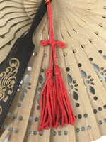 Chinese Carved Round Sandalwood Folding Fan Sensu Floral Pattern Red Tassel 5D23