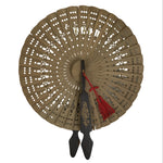 Chinese Carved Round Sandalwood Folding Fan Sensu Floral Pattern Red Tassel 5D23