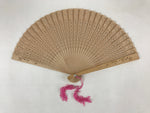 Chinese Carved Santal Wood Folding Fan Vtg Round Geometric Pink Tassel 4D715