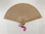 Chinese Carved Santal Wood Folding Fan Vtg Round Geometric Pink Tassel 4D715