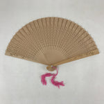 Chinese Carved Santal Wood Folding Fan Vtg Round Geometric Pink Tassel 4D715