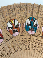 Chinese Folding Fan Sensu Vtg Beijing Opera Color Masks Sandalwood Boxed 4D924