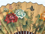 Chinese Silk Paper Folding Fan Botan Peony Sensu Bamboo Frame Green Brown 4D984