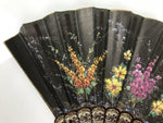 Fabric Ventimilla Folding Fan Sensu Vtg Resin Frame Black Gold Flowers 5D25