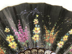 Fabric Ventimilla Folding Fan Sensu Vtg Resin Frame Black Gold Flowers 5D25