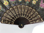 Fabric Ventimilla Folding Fan Sensu Vtg Resin Frame Black Gold Flowers 5D25