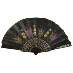 Fabric Ventimilla Folding Fan Sensu Vtg Resin Frame Black Gold Flowers 5D25