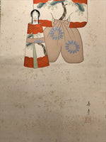 Japanese Boxed Hanging Scroll Vtg Kakejiku Standing Hina Dolls Portrait KJ159