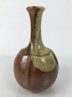 Japanese Ceramic Flower Vase Vtg Ikebana Kabin Brown Ash Glaze Green FK216