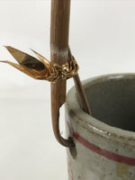 Japanese Ceramic Flower Vase Vtg Ikebana Kabin Gray Akae Bamboo Handle FK188