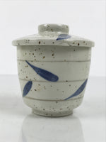 Japanese Ceramic Lidded Bowl Mushiwan Cup Pottery White Blue Bamboo Leaves Y545