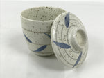 Japanese Ceramic Lidded Bowl Mushiwan Cup Pottery White Blue Bamboo Leaves Y546