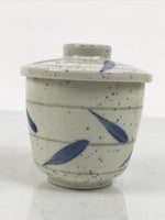 Japanese Ceramic Lidded Bowl Mushiwan Cup Pottery White Blue Bamboo Leaves Y546