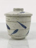 Japanese Ceramic Lidded Bowl Mushiwan Cup Pottery White Blue Bamboo Leaves Y546