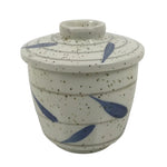 Japanese Ceramic Lidded Bowl Mushiwan Cup Pottery White Blue Bamboo Leaves Y546