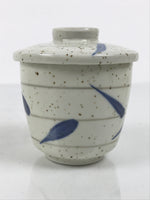Japanese Ceramic Lidded Bowl Mushiwan Cup Pottery White Blue Bamboo Leaves Y548