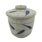 Japanese Ceramic Lidded Bowl Mushiwan Cup Pottery White Blue Bamboo Leaves Y548