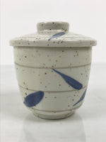 Japanese Ceramic Lidded Bowl Mushiwan Cup Pottery White Blue Bamboo Leaves Y549