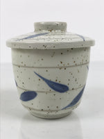 Japanese Ceramic Lidded Bowl Mushiwan Cup Pottery White Blue Bamboo Leaves Y549