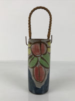 Japanese Ceramic Pottery Flower Vase Vtg Ikebana Kabin Bamboo Handle Pink FK205