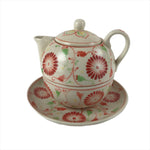 Japanese Ceramic Stacking Lidded Teapot Teacup Saucer Set Floral Beige Red PY717