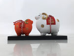 Japanese Ceramic Zodiac Sheep Figurine Set Vtg Hitsuji White Red Gold Boxed ST67