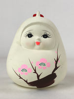 Japanese Clay Bell Dorei Vtg Tsuchi-Suzu Large Daruma White Plum Blossom DR522