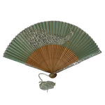 Japanese Fabric Folding Fan Sensu Bamboo Frame White Peacock Bird Green 4D918