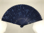 Japanese Fabric Folding Fan Sensu Vtg Bamboo Frame Blue Cherry Blossom Iris 5D5