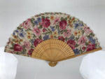 Japanese Fabric Folding Fan Sensu Vtg Bamboo Frame Floral Medley Roses 4D920