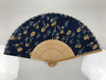 Japanese Fabric Folding Fan Sensu Vtg Bamboo Frame Navy Blue Yellow Flower 4D919