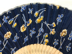 Japanese Fabric Folding Fan Sensu Vtg Bamboo Frame Navy Blue Yellow Flower 4D919