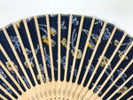 Japanese Fabric Folding Fan Sensu Vtg Bamboo Frame Navy Blue Yellow Flower 4D919