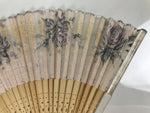 Japanese Fabric Folding Fan Sensu Vtg Bamboo Frame Roses Pastel Pink Bara 5D20