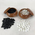 Japanese Go Stone Goishi Game Pieces Vtg Igo Brown Wooden Bowls Glass GO88