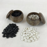 Japanese Go Stone Goishi Game Pieces Vtg Igo Brown Wooden Bowls Glass GO92