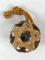 Japanese Handwoven Bamboo Metal Bell Amulet Vtg Mutsume Ami Sphere Brown JK872