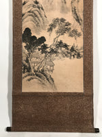 Japanese Hanging Scroll Kakejiku Vtg Man Sitting Mountains Landscape Black KJ193