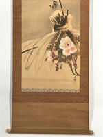 Japanese Hanging Scroll Kakejiku Vtg Winter Bird Peony Flower Straw Mat KJ170