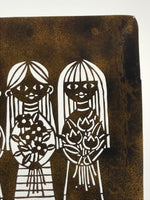 Japanese Katagami Paper Kimono Stencil Vtg Katazome Flower Girls Tulip A800