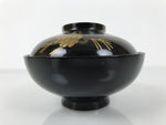 Japanese Lacquer Wood Lidded Bowl Owan Vtg Makie Black Gold Pinecone Needle LB17