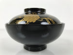 Japanese Lacquer Wood Lidded Bowl Owan Vtg Makie Black Gold Pinecone Needle LB17