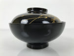Japanese Lacquer Wood Lidded Bowl Owan Vtg Makie Black Gold Pinecone Needle LB17
