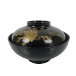 Japanese Lacquer Wood Lidded Bowl Owan Vtg Makie Black Gold Pinecone Needle LB17