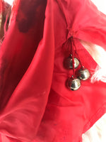 Japanese Lacquered Wooden Shishi Dancing Lion Dog Mask Komainu Red Fabric OM96