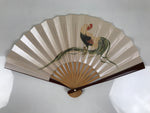 Japanese Miniature Paper Folding Fan Vtg Sensu Bamboo Frame Rooster Silver 4D969